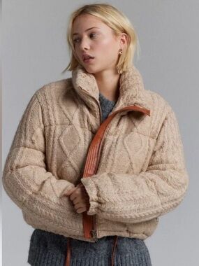 BLANKNYC Short List Cable Knit Sweater Jacket, puffy, cozy, tan, size Small